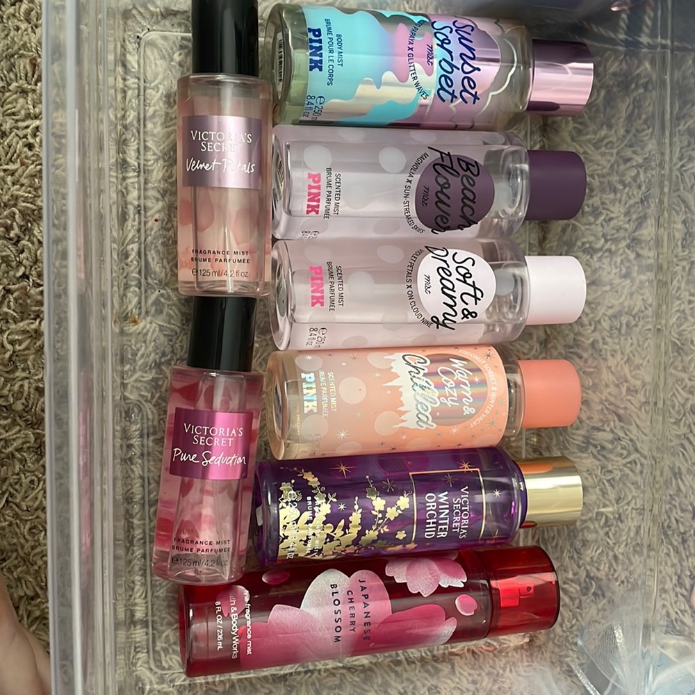 8 perfumes seven of them Victoria’s Secret pink one bath and Bodyworks